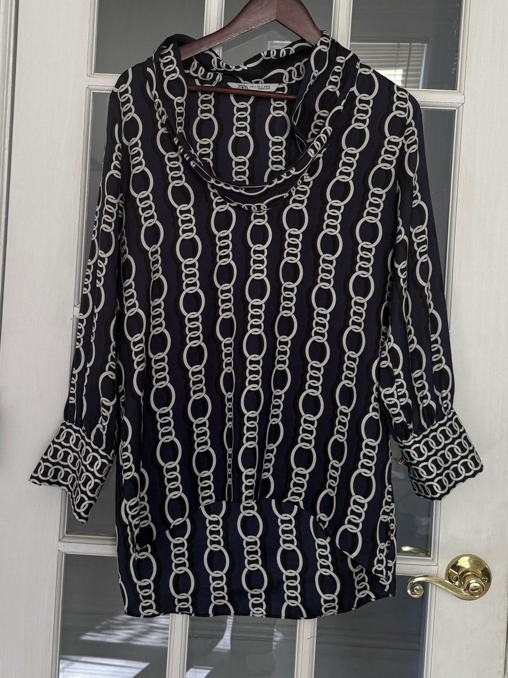 ZARA Women’s Navy Blue & White Chain Print Long Sleeve Cowl Neck Blouse